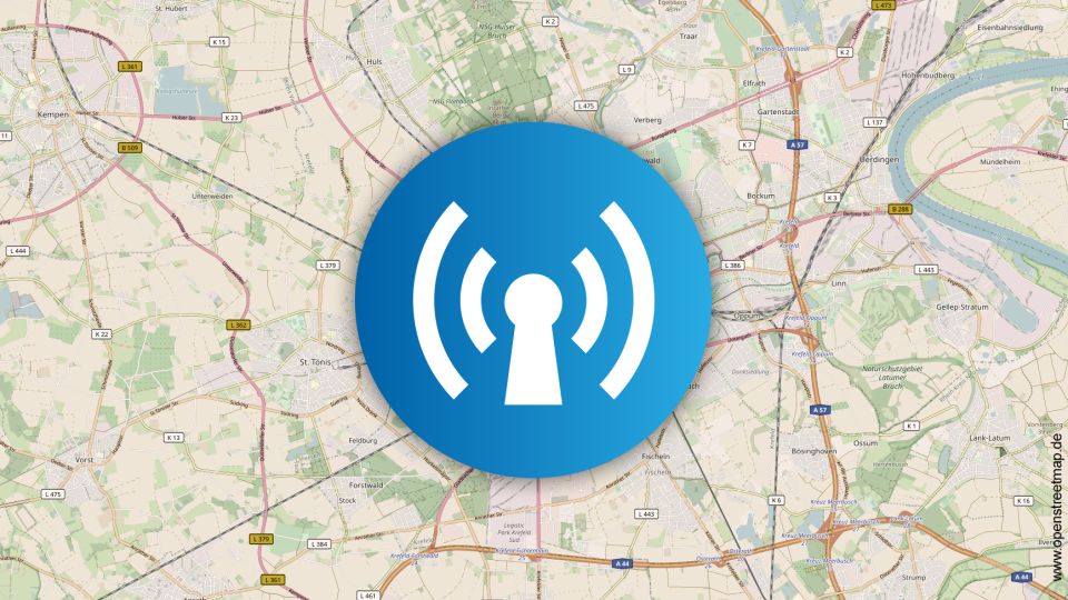 Landkarte von Krefeld mit Radar-Symbol in der Mitte.